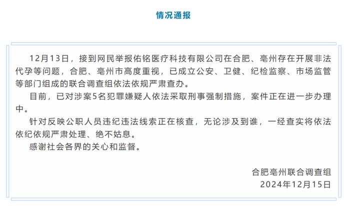 官方通报“合肥一公司开展非法代孕活动”：5人被采取刑事强制措施 案件正在进一步办理中