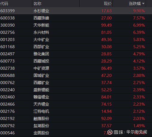 锂矿概念震荡反弹，永杉锂业涨停